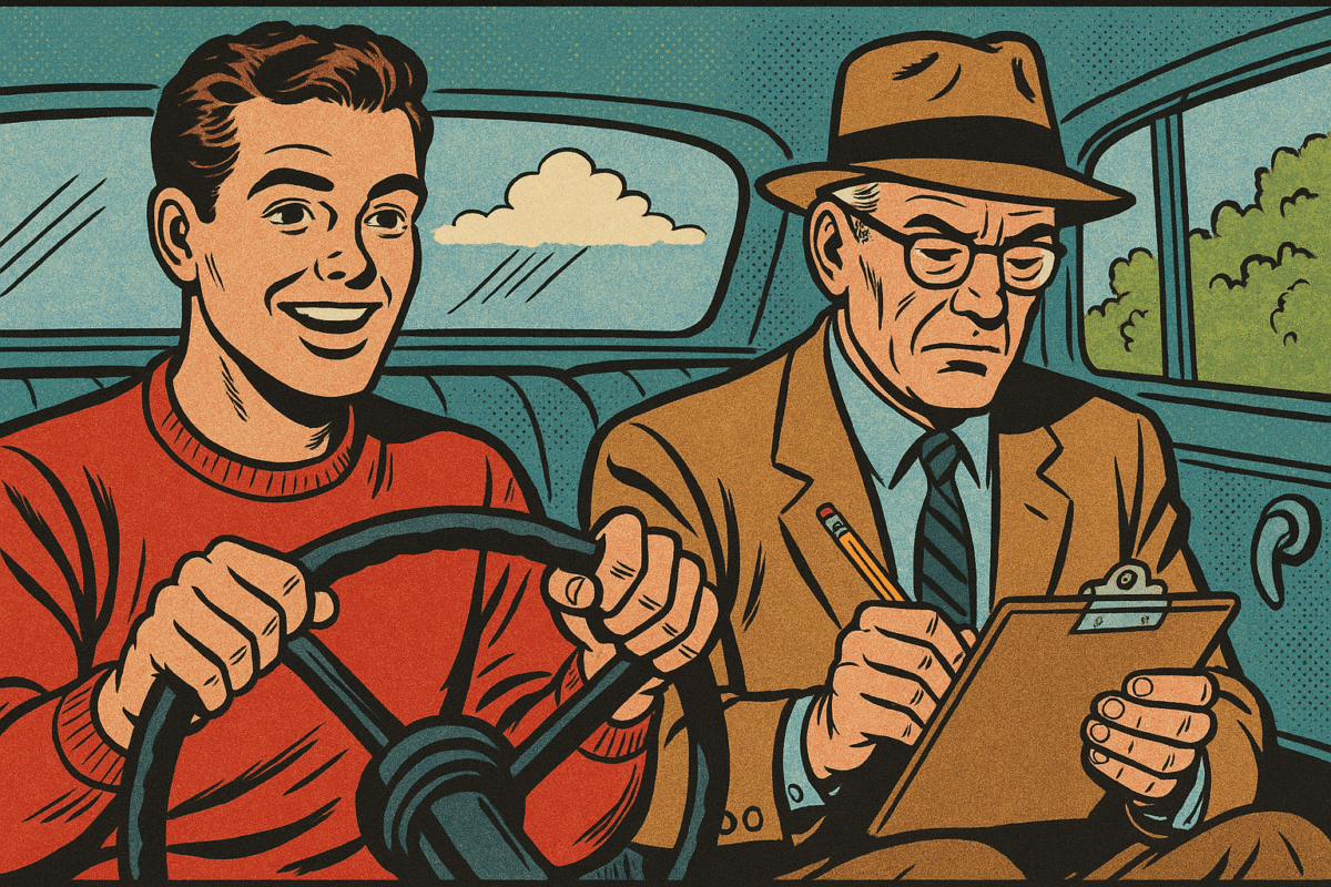 Illustration of a student taking a driving lesson, one of the most flexible options of getting a driver's license in Japan.