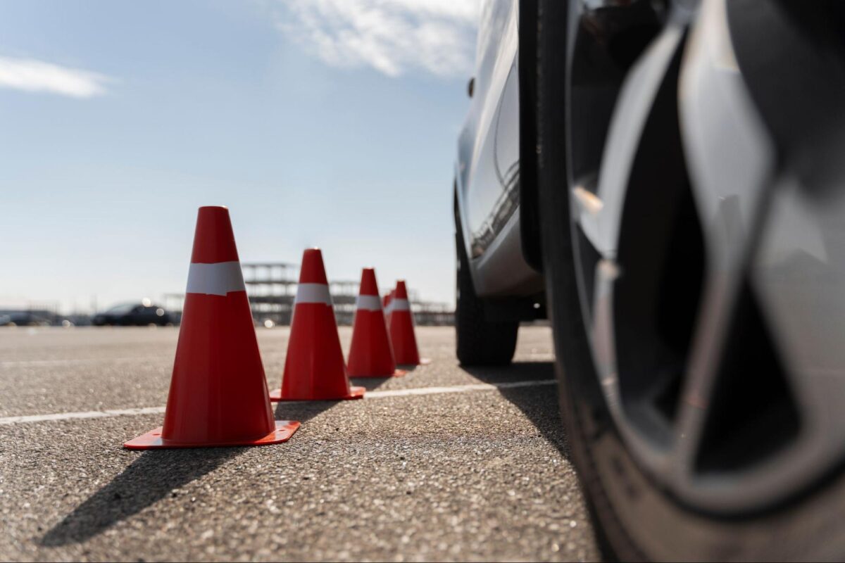 Closeup showing the wheel of a training vehicle used during driving lessons in Japan