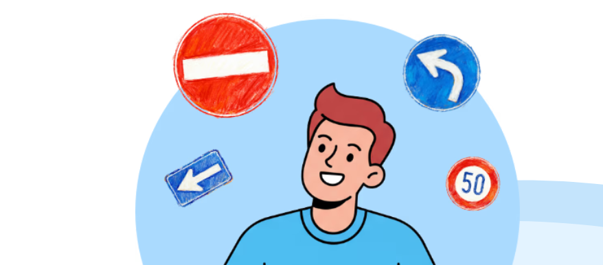 Illustration of someone studying for a Japanese driver's license written test with Drivey