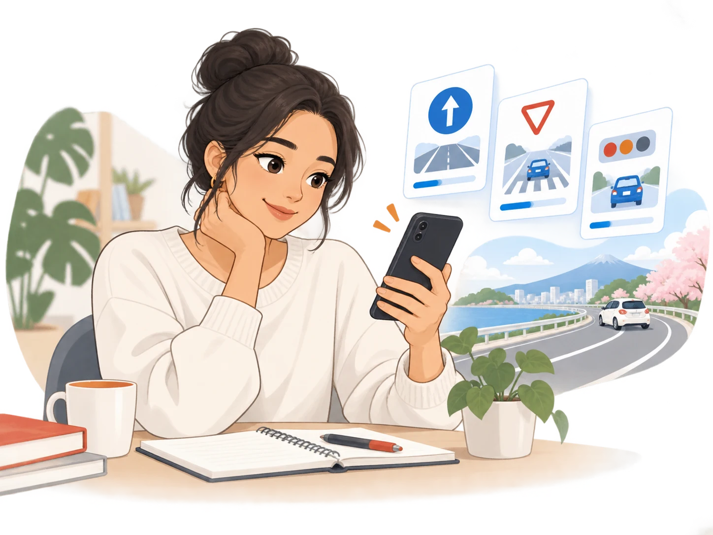 スマートフォンで交通ルールを学ぶ人と道路標識の学習カードを描いたイラスト