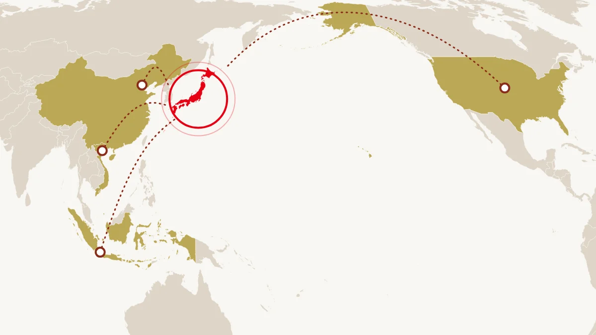 太平洋を中心にした世界地図で、ベトナム・中国・アメリカ・インドネシアから日本へ線が伸びている図