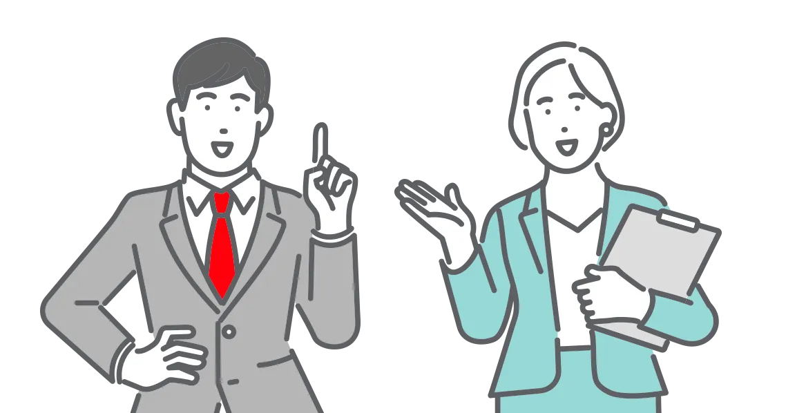 スーツを着た男性と女性が、案内をしている様子