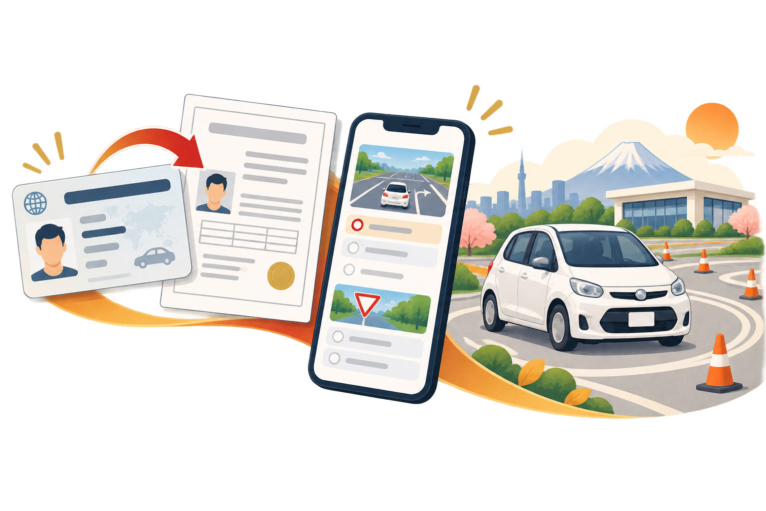 外国免許証の翻訳、交通ルールの学習、教習所での実車練習を表すイラスト