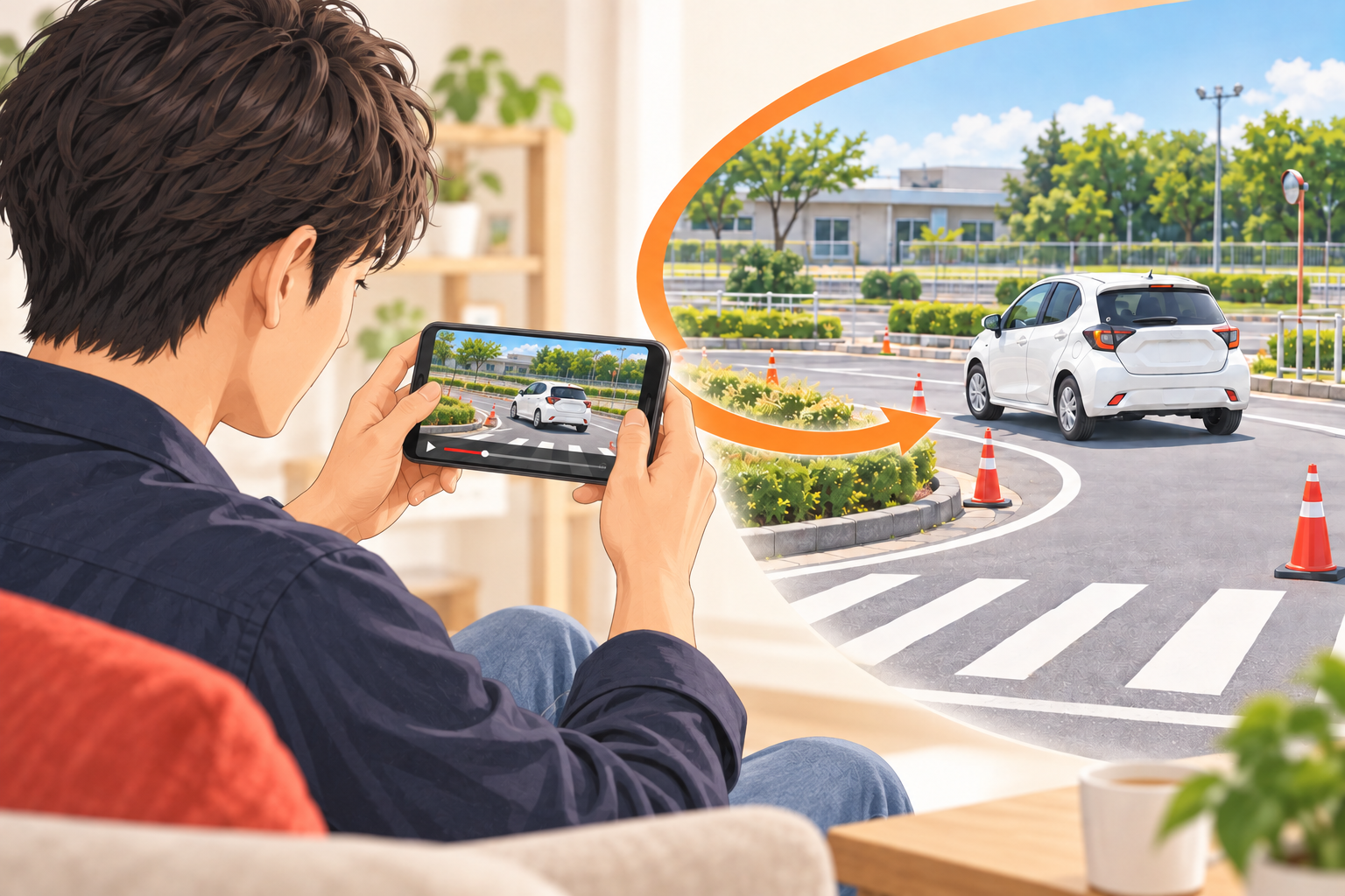 スマートフォンで運転動画を見て予習する人と、教習コースを走る車のイラスト