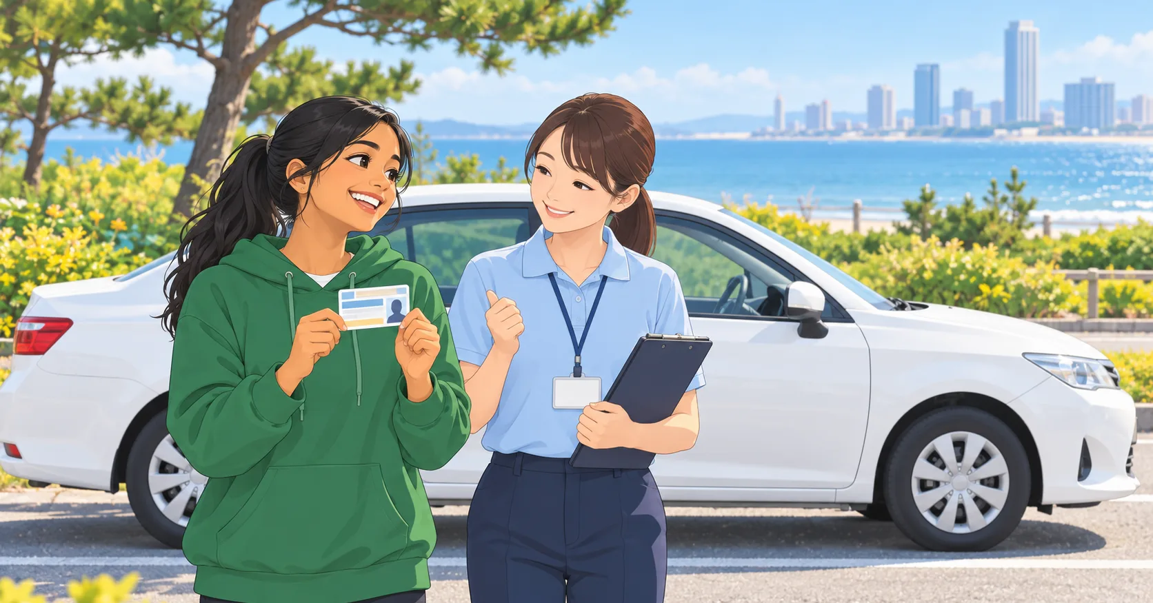 海が見える教習所のコース脇で、運転免許証を手に指導員と笑い合う外国出身の女性