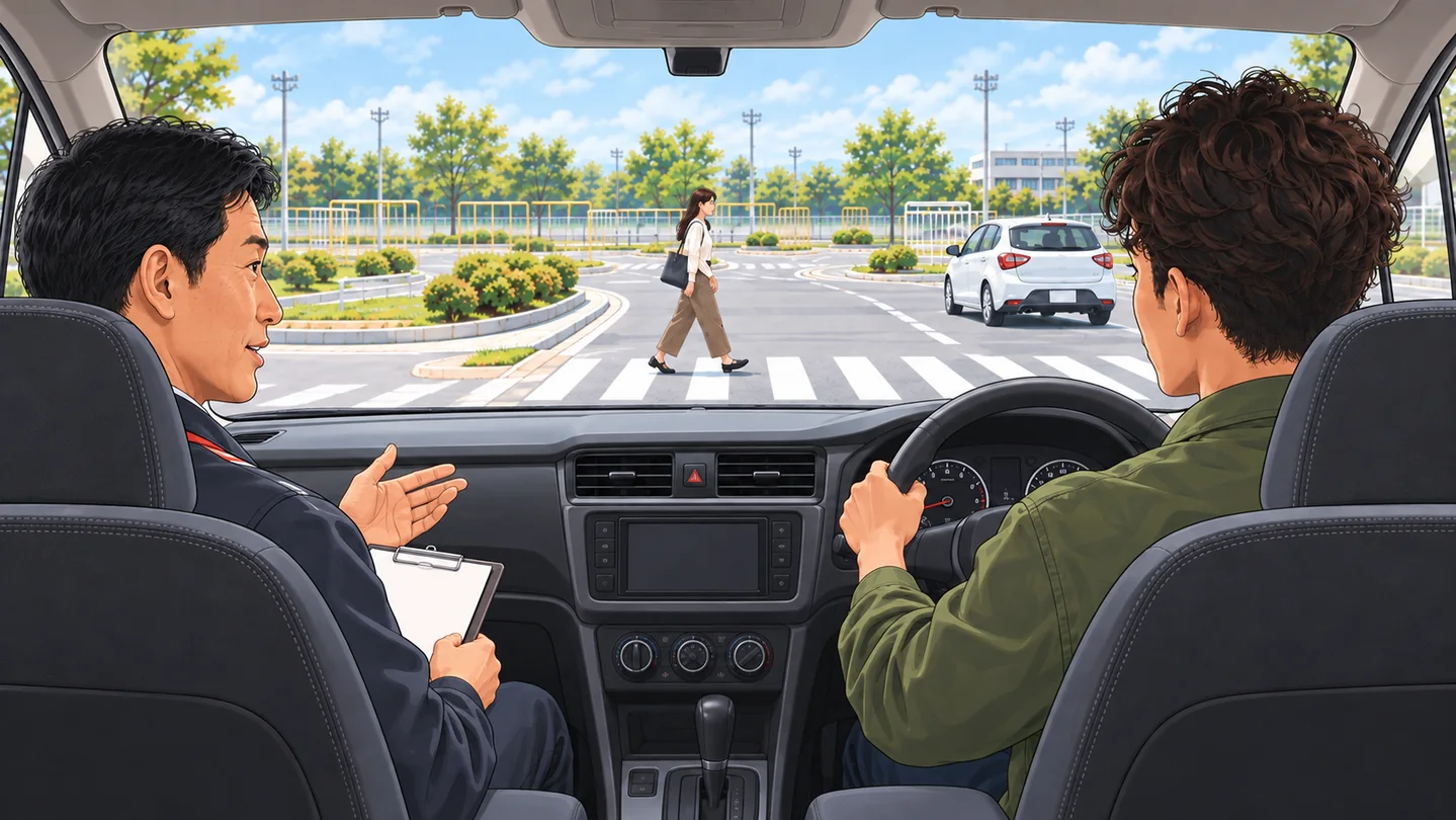 日本仕様の右ハンドル車で横断歩道の安全確認を練習する外国人と指導員