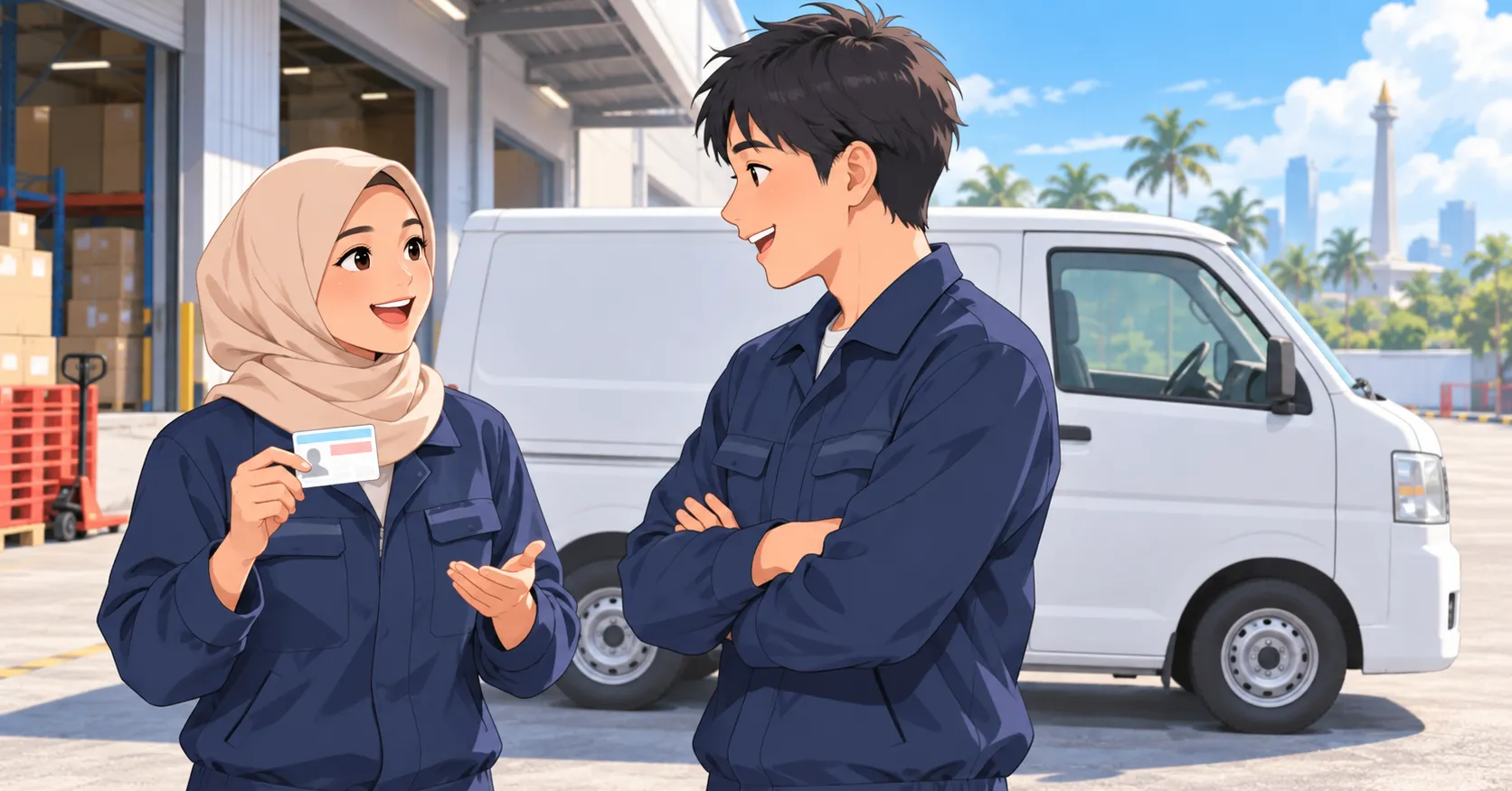 物流倉庫の前で、同僚に運転免許証を見せて話すインドネシア出身の女性