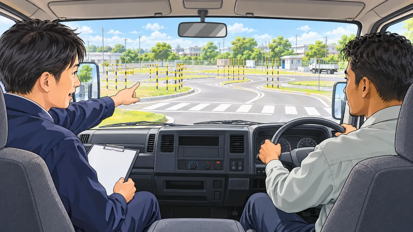教習所のコースで準中型トラックを運転する外国人ドライバーと助手席で説明する指導員